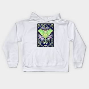 Luna Moth and Flowers - Black Outlined Version Kids Hoodie